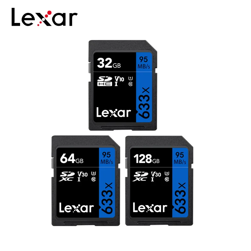 Originalus Lexar 633x SD Kortelės 10 Klasė UHS-I 32GB Didelės Spartos 95M/s V30 64GB 128 GB U3 Atminties Kortelę 1080p HD 