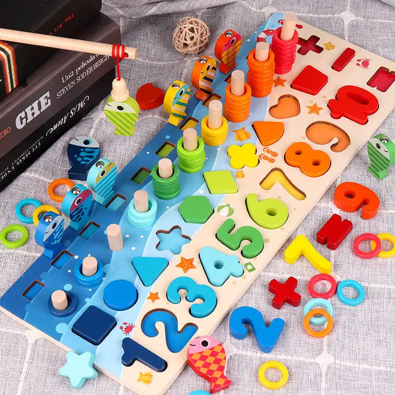 3D Medinio Montessori Aritmetikos Mokymo priemones Žvejybos Žaidimas Skaitmeninės Formos Atitikimo Blokai Švietimo Žaislai Vaikams