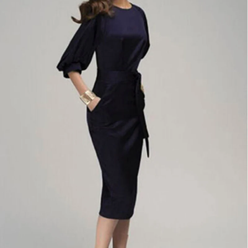 Naujas Moterų Pavasario Dress Office Lady Mod-Blauzdos Pieštuku Suknelė Su Varčias Žibintų Rankovėmis Slim Bodycon Verslo Šalis Suknelė Vestidos