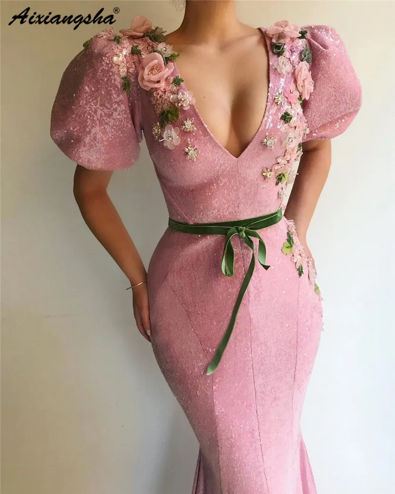 Vestidos Naują įrašą China vakarinę Suknelę trumpomis Rankovėmis V-Kaklo, 3D Gėlių Diržo Undinė Vakaro Suknelės Oficialią Šalies Suknelė