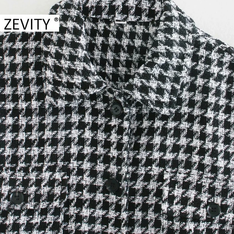 ZEVITY Naujas moterų derliaus houndstooth pledas pleistras kišenėje marškinėliai kailis moterų ilgomis rankovėmis outwear kailis atsitiktinis chic striukė viršūnes CT590
