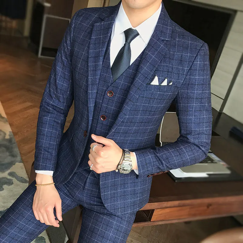 Prekės kostiumas vyrų 2019 klasikinis patikrinimas kostiumas 3 dalių Komplektas prabangių mados Vyrų tuxedo blue boutique vyrų jaunikis vestuvių suknelė tiktų
