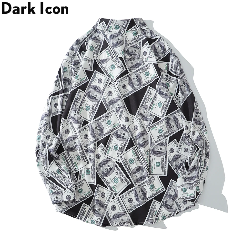 Tamsiai Piktogramą JAV Doleriais Visą Atspausdinta Marškinėliai Vyrams Turn-žemyn Apykaklės Laisvalaikio vyriški Marškinėliai Logn Rankovės Vyras Drabužiai