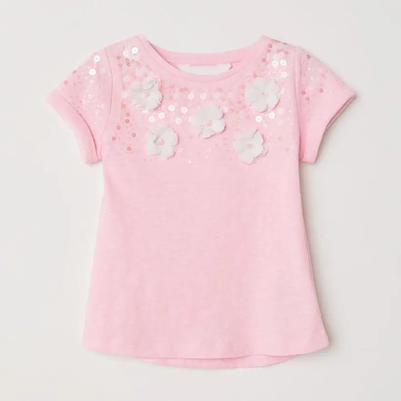 Mažai specialistė, vaikų 2020 metų vasaros kūdikių, mergaičių drabužiai tee šukuotinės Medvilnės prekės žavinga gėlių aplikacijos marškinėliai bamblys marškinėliai 51661