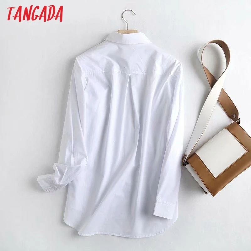 Tangada Moteris Aukštos Kokybės Medvilnės, Baltos spalvos Marškinėliai ilgomis Rankovėmis Kietas Pasukite Žemyn Apykaklės Elegantiškas Biuras Ponios Verslo Viršūnes 4C14