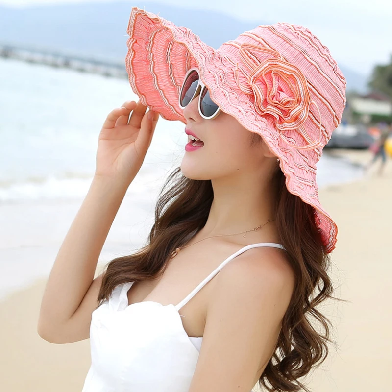 HT1676 2018 Naujas Mados Moterų Skrybėlę Korėja Stiliaus Gėlių Packable Didelio Masto Kraštų Skrybėlę Anti-UV Reguliuojamas Ponios Diskelių Paplūdimys Saulės Skrybėlę