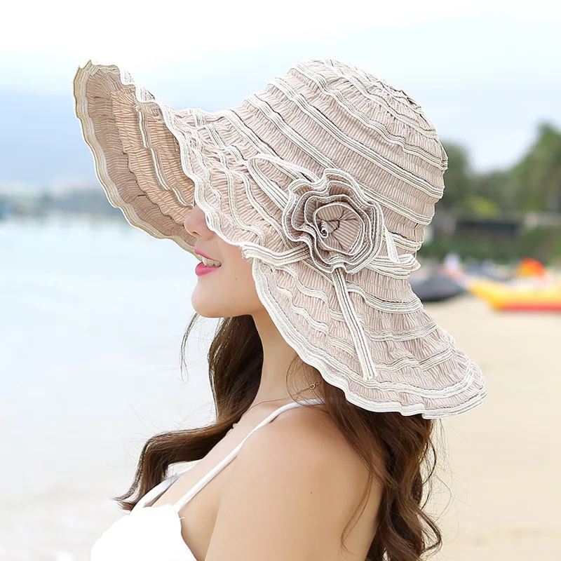 HT1676 2018 Naujas Mados Moterų Skrybėlę Korėja Stiliaus Gėlių Packable Didelio Masto Kraštų Skrybėlę Anti-UV Reguliuojamas Ponios Diskelių Paplūdimys Saulės Skrybėlę
