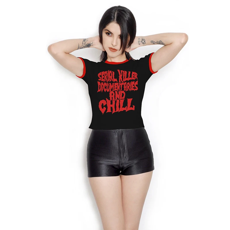 Hillbilly Derliaus Serijinis Žudikas Spausdinti Moterų Gotikos Marškinėlius Harajuku Streetwear Bodycon Apkarpyti Viršūnes Moterų Tees Sumemr Ins Mados