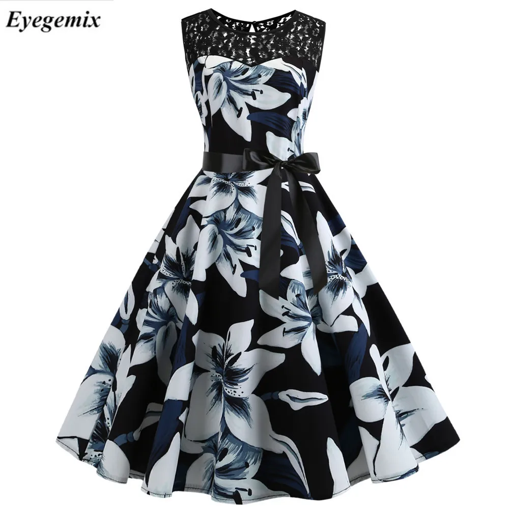 Pledas Spausdinti Vasaros Suknelės Moterims 50 60s Elegantiška Vintage Suknelė Atsitiktinis Rockabilly Nėrinių Kratinys Šalis Suknelė Plius Dydis Aukštos Juosmens