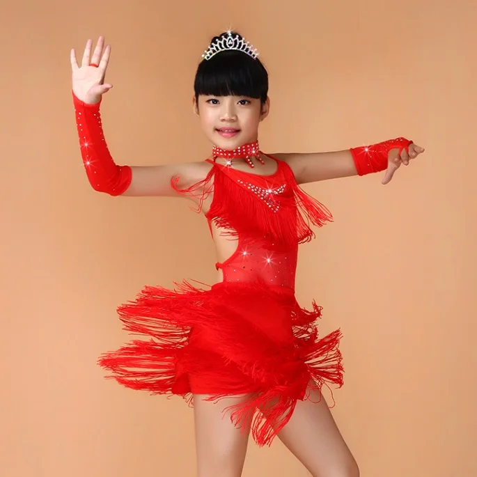 Vaikai Vaikų Šokių drabužiai lotynų Blizgančiais Suknelė Pakraštyje Salsa Kostiumas Raudona Juoda Šokių Suknelės balus Suknelė Mergaitėms Kutai Dancewear