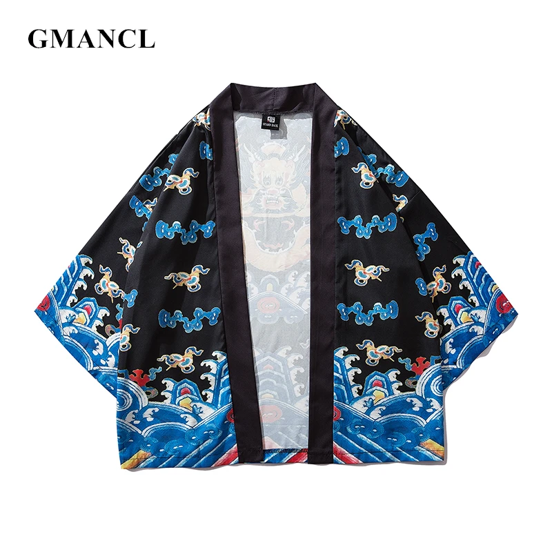 GMANCL Vyrų stiliaus Kinijos drakonas Megztinis Kimono Striukės Streetwear Vasaros Saulės Japonų Stiliaus Vyrų kailio Viršutiniai drabužiai