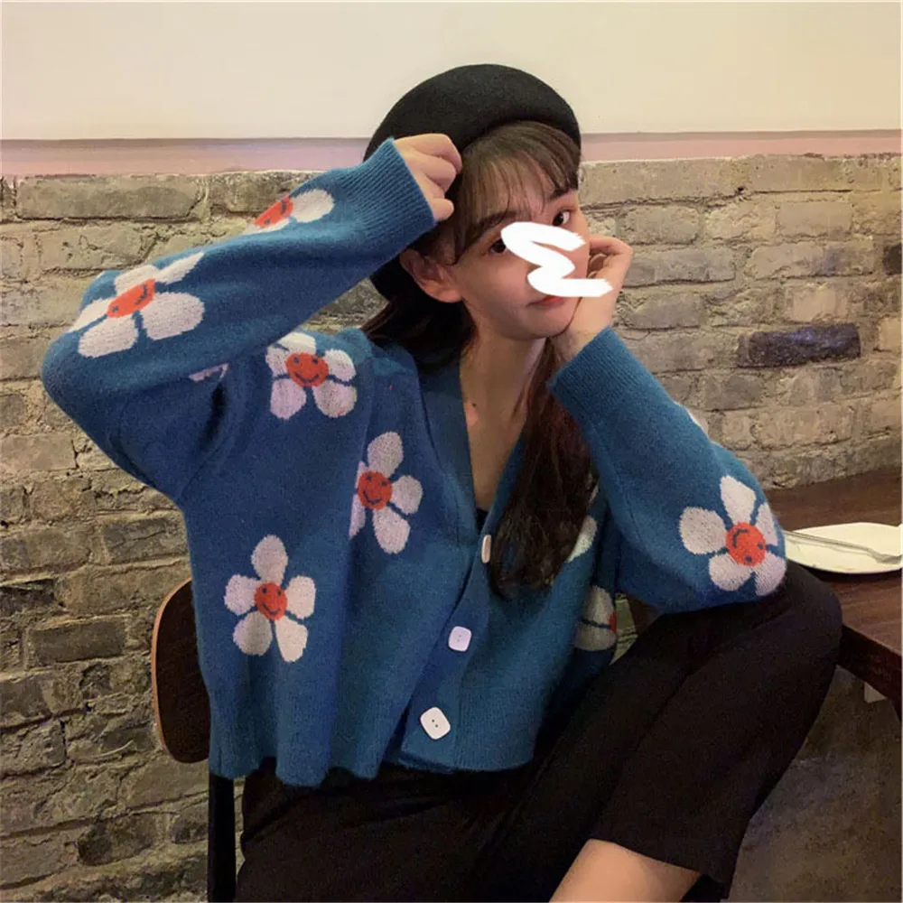 2020 m. Moteris Prarasti Trikotažas Suaugusiųjų Gėlių Modelis ilgomis Rankovėmis V-kaklo, Mygtuką Žemyn Megztinis Dėvėti Laisvalaikio Nauja Rudens Žiemos
