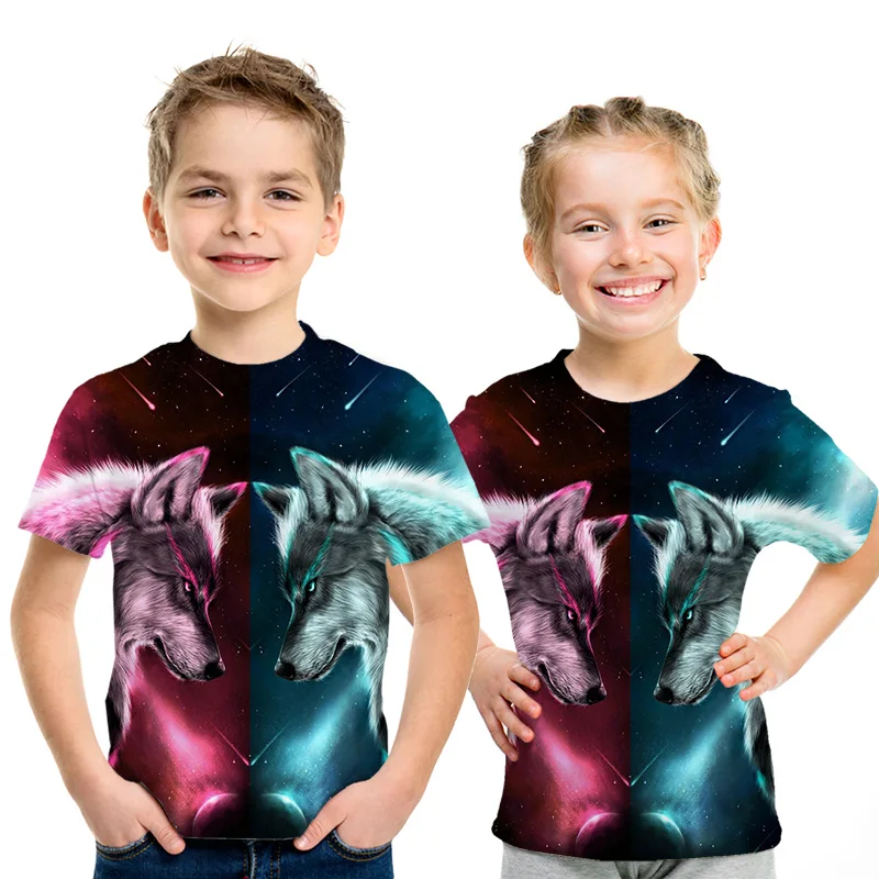 4t-14t kūdikių drabužiai 3d spausdinami du-vadovauja Vilkas gyvūnų vaikiški marškinėliai vasaros mados padengti gyvūnų berniukas, mergaitė, gatvės vaikai, T-shirt