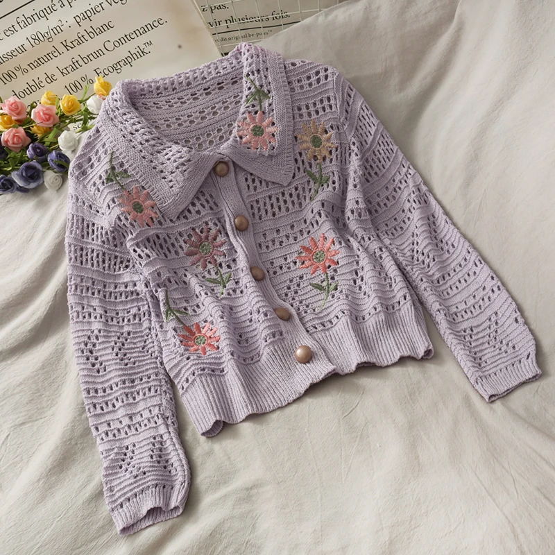 Saldus gėlių siuvinėjimas tuščiaviduriai žr.-per plonas megztinis moterų 2020 m. rudenį single-breasted cardigan atvartas džemperis tendencijos