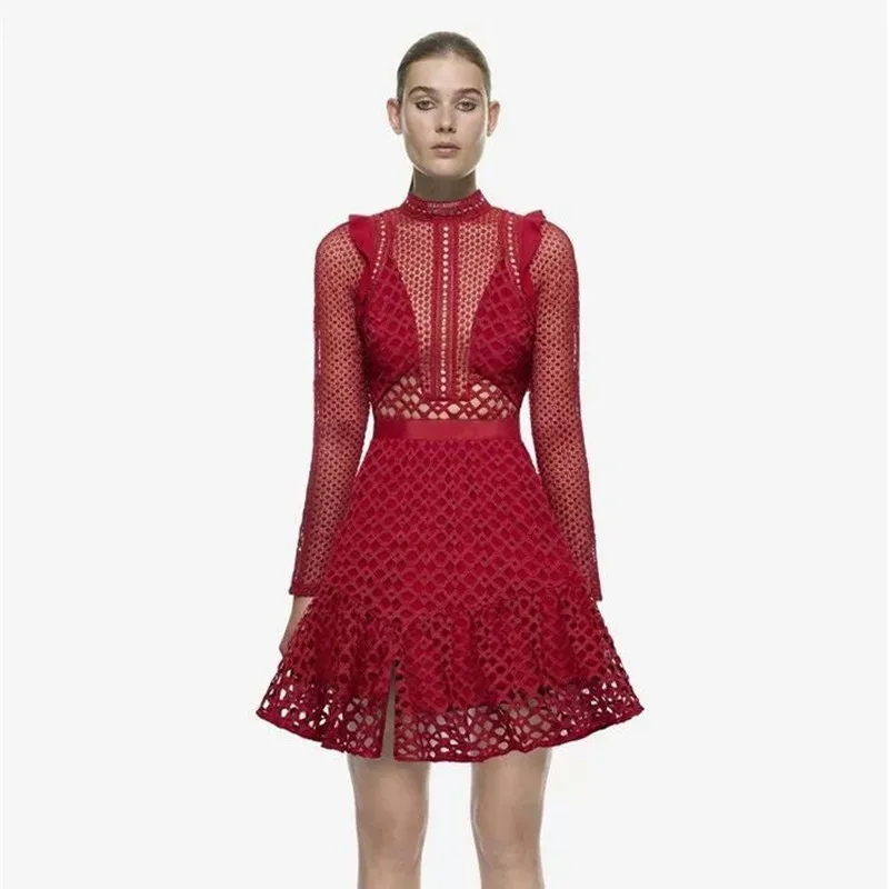 YiLin Kay Aukštos klasės užsakymą moteris šalis suknelės seksuali moteris 2019 m. rudens mados kilimo ir tūpimo tako stiliaus tuščiaviduriai iš raudonų nėrinių suknelė