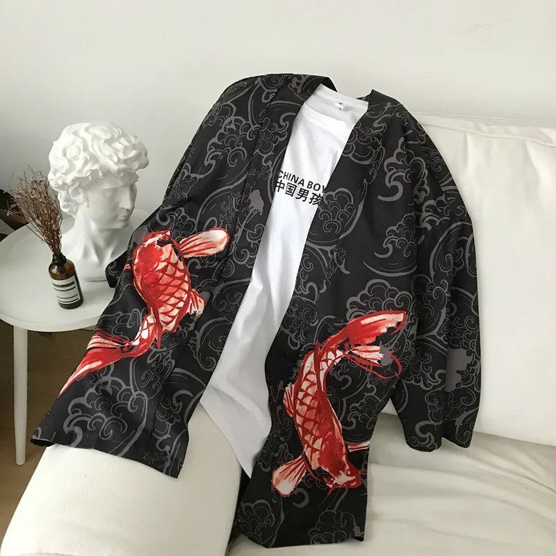 #4207 Vasaros Japonų Kimono Megztinis Marškinėliai Žuvų 3d Atspausdintas Plonas Juodas Kimono Streetwear Harajuku Prarasti Atsitiktinis Tunika Marškiniai Vyrai