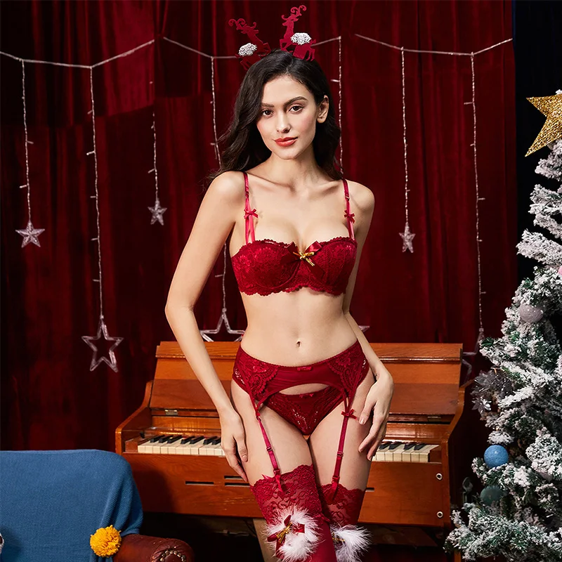 CYNTHRA Apatiniai, Kostiumai, moteriški Sexy Hot Pagundai Kalėdų Raudona Pusė Puodelio Liemenėlė Dydį, 4 Gabalas Ponios apatinio Trikotažo Komplektai