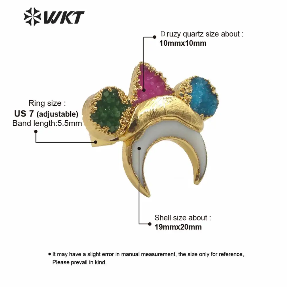 WT-MPR004 Nuostabi unikalus gamtos druzy akmens pusmėnulio žiedas aukštos kokybės aukso electroplated triple akmens druzy žiedas wed