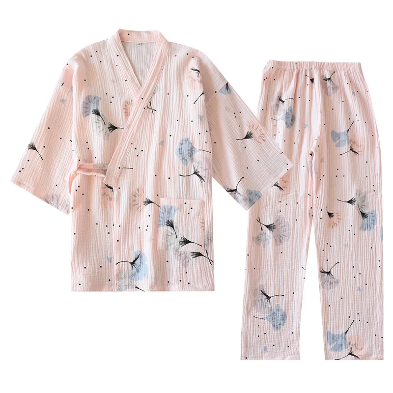 Pavasarį ir Vasarą Grynos Medvilnės Verpalai Kimono Pižama V-Kaklo Spausdinimo Plius Dydis Pijama Mujer Loungewear Moterys 2 Gabalas Sleepwear