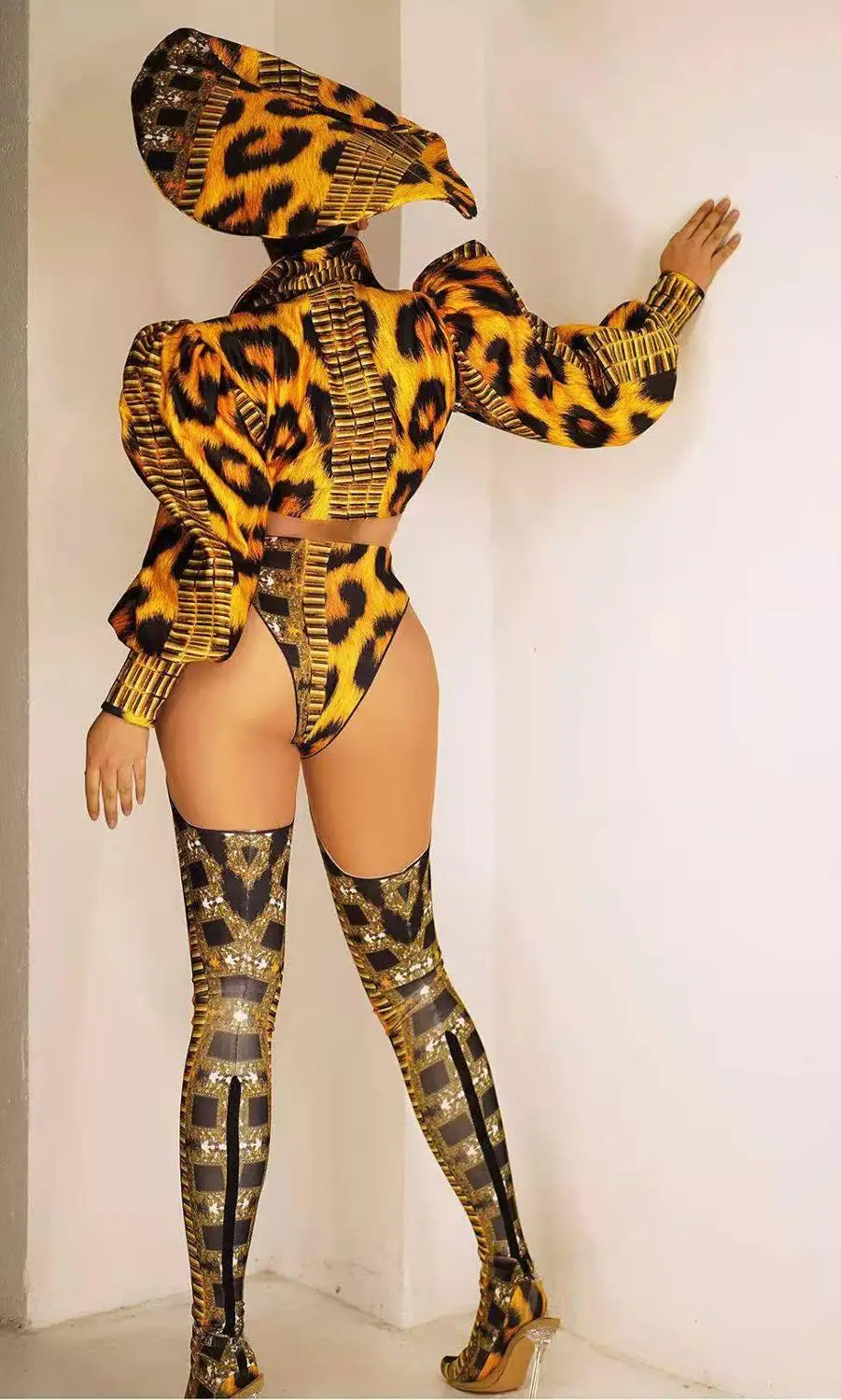 Derliaus Leopardas Spausdinti Šalis Kostiumai Gilia V Top + Shorts + Suleidimo + Hat Moterų Sexy Klubas Cosplay Etape Dėvėti Šokėja Apranga Rinkiniai