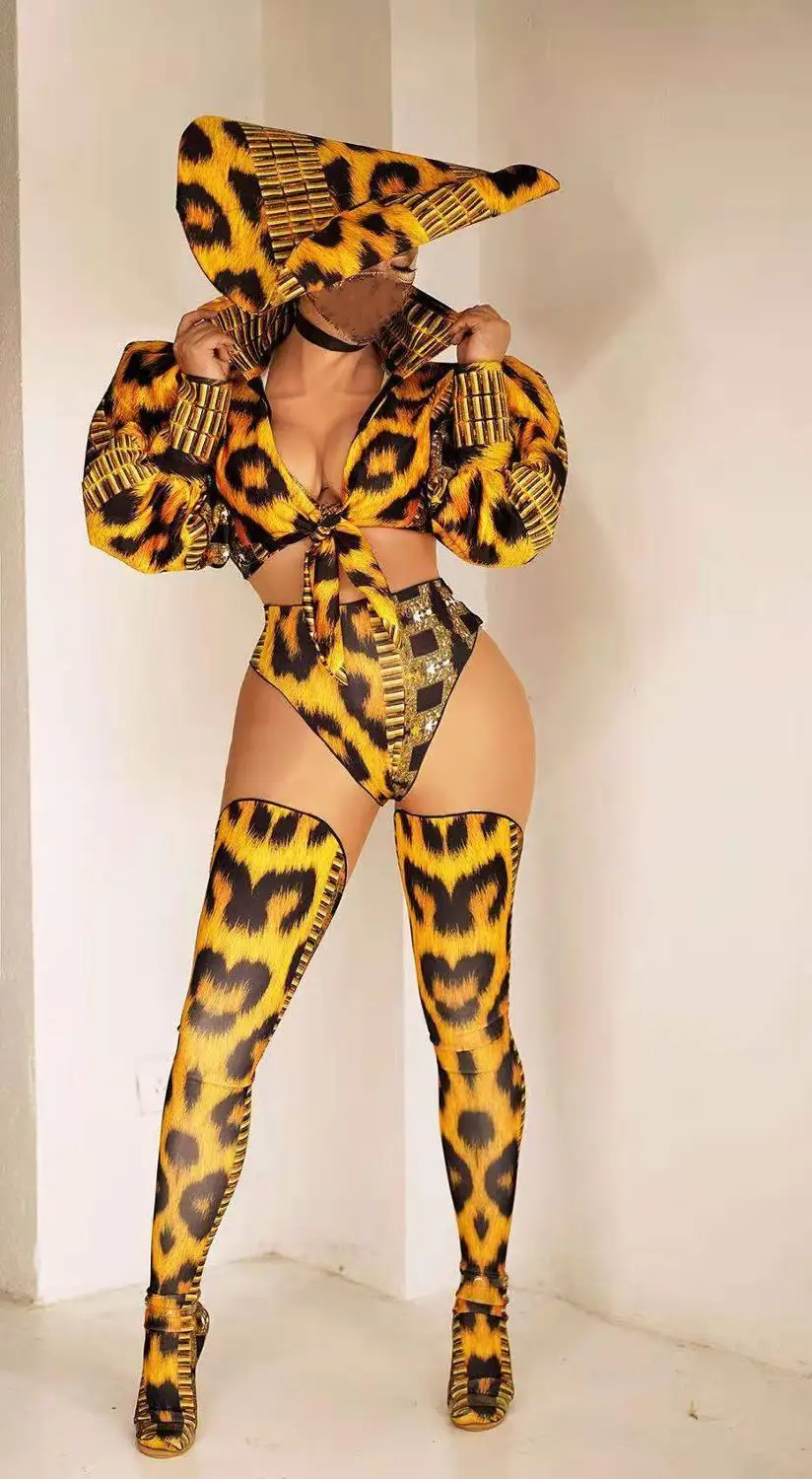 Derliaus Leopardas Spausdinti Šalis Kostiumai Gilia V Top + Shorts + Suleidimo + Hat Moterų Sexy Klubas Cosplay Etape Dėvėti Šokėja Apranga Rinkiniai