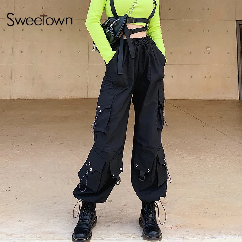 Sweetown Atsitiktinis Palaidų Pločio Kojų Krovinių Kelnės Moterims Elastinga High Waisted Baggy Kelnės Harajuku Japonų Hip-Hop Streetwear Kelnės