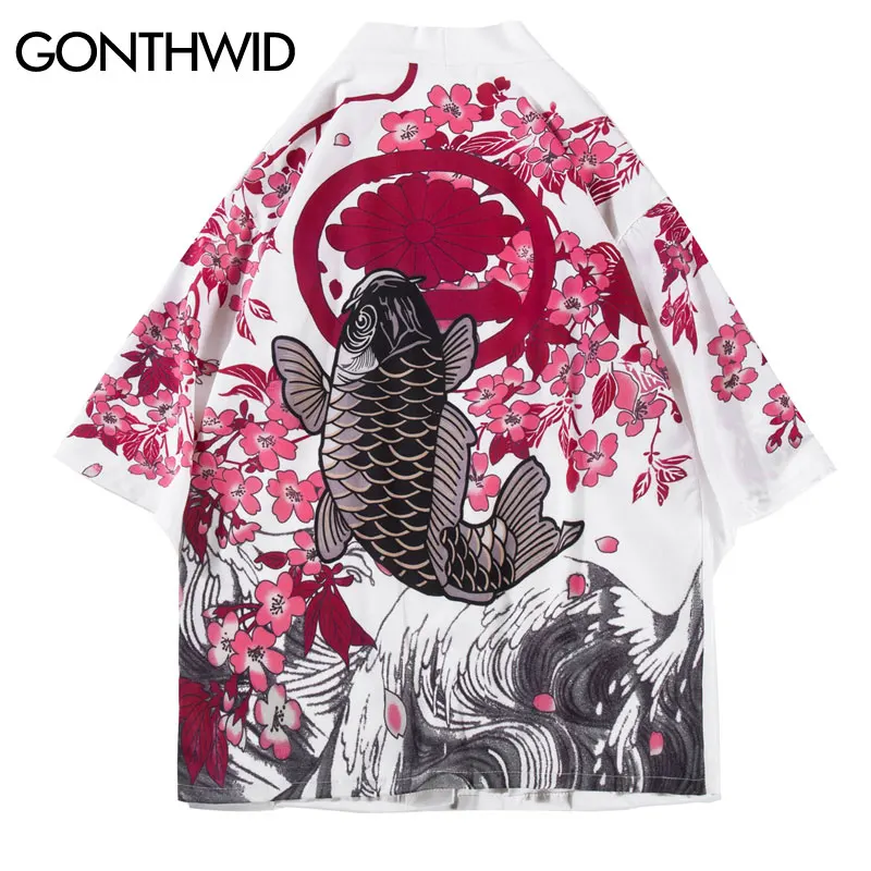 GONTHWID Koi Karpių Žuvų Vyšnių Žiedų Gėlių Spausdinti Japonų Kimono Megztinis Striukės Streetwear Hip-Hop Harajuku Atsitiktinis Viršūnės