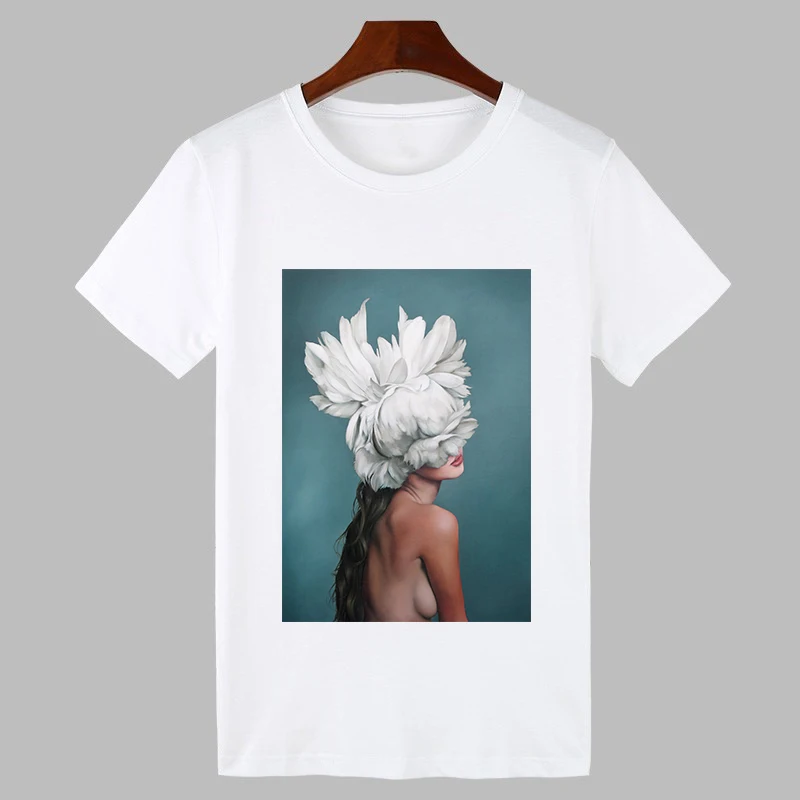 2020 Seksualus Gėlių, Plunksnų Spausdinti Harajuku marškinėliai Moterims Mados Marškinėlius, O-kaklo trumpomis Rankovėmis T-shirt Baltos Viršūnės Moterų Drabužiai