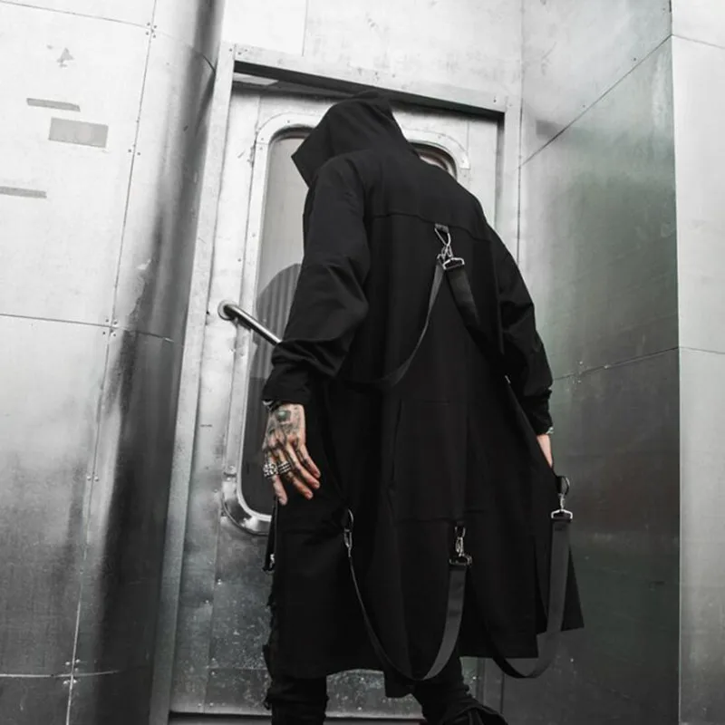 2019 m. Pavasarį, rudenį vyrų juostelės kratinys punk hip-hop ilgos tranšėjos paltai apsiaustu su gobtuvu vyrams juoda hiphop užtrauktukas ilga striukė, paltas