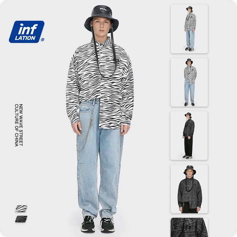 INFLIACIJA Harajuku Zebra Modelio Marškinėliai Vyrams Streetwear 2020 korėjos Negabaritinių Stiliaus ilgomis Rankovėmis Marškinėliai Vyrams High Street Marškinėliai 2133W