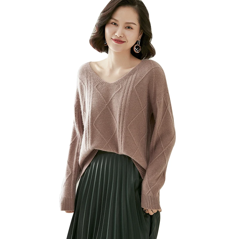 Moteriškų kašmyro megztinis v-kaklo, stilingas mados megztinis žiemą šiltas natūralios vilnos striukė megztas aukštos kokybės laisvalaikio megztiniai