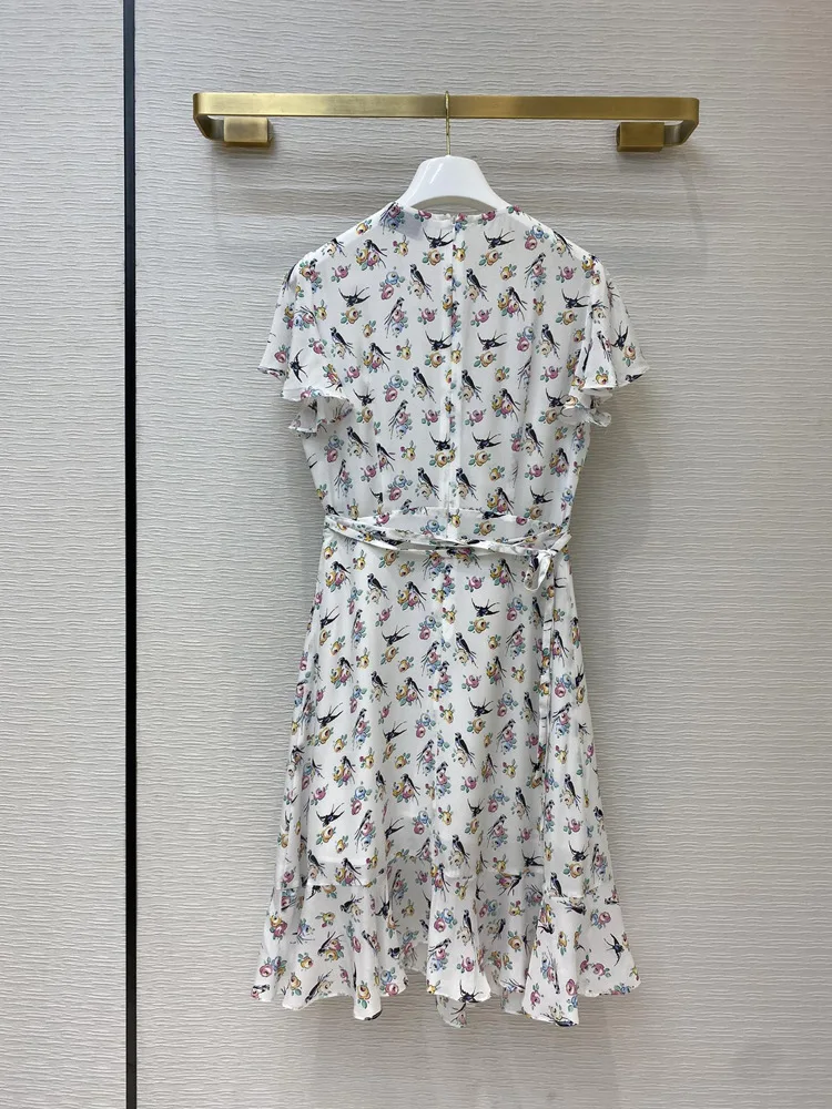2020 metų Vasaros Moterų Suknelė Nauja Temperamentas Paukštis-gėlių Spausdinti V Kaklo Lotus Lapų Suknelė Atsitiktinis Suknelė Suknelė Elegantiška Balta Suknelė