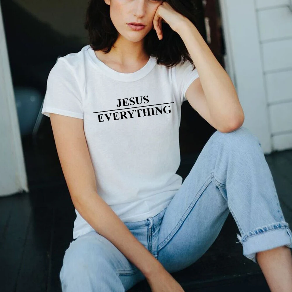 JĖZUS VIRŠ VISKO T-Shirt Mergina Tumblr Tee Krikščionių Ponios Marškinėliai Grafinis Raidė O-kaklo Marškinėliai Atsitiktinis Hipster Viršūnės