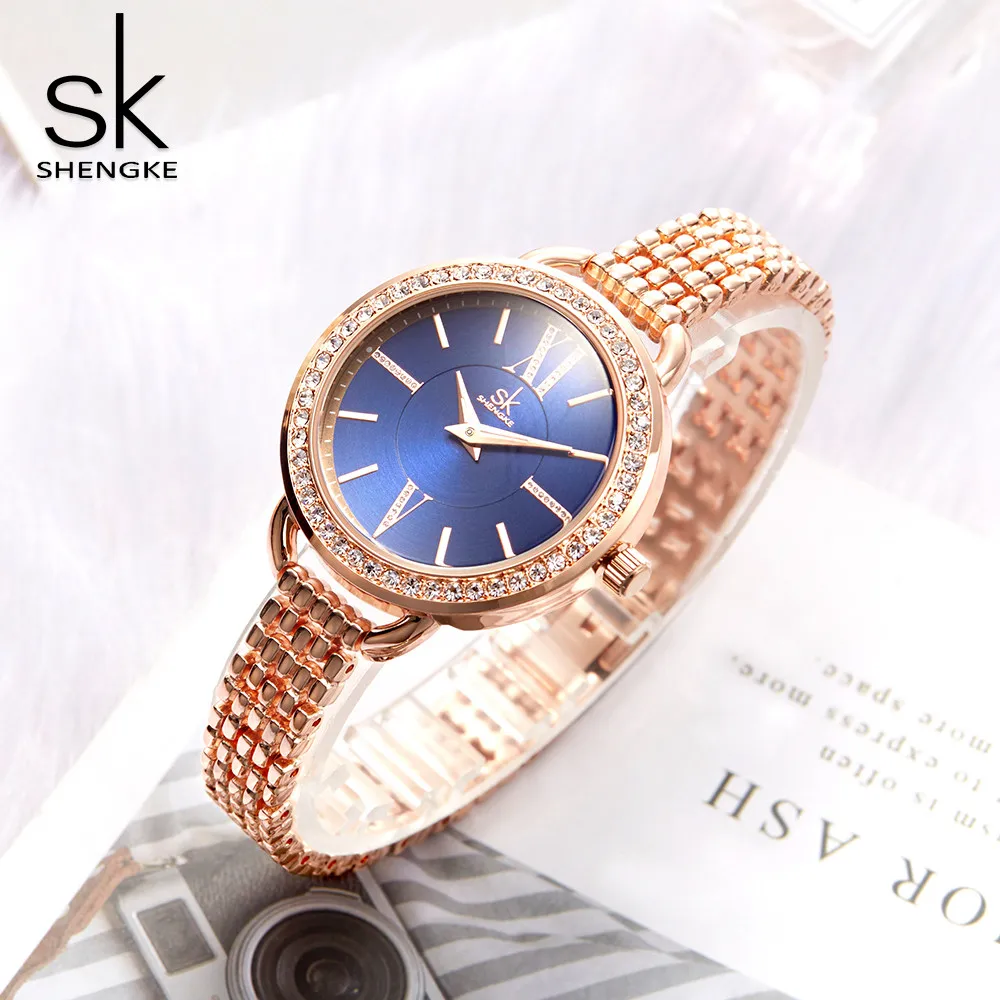 Shengke mados kristalų dial kvarciniai laikrodžių prekės ženklo moterys rose aukso papuošalai laikrodžiai reloj mujer 2018 naujas lady laikrodis laikrodžiai