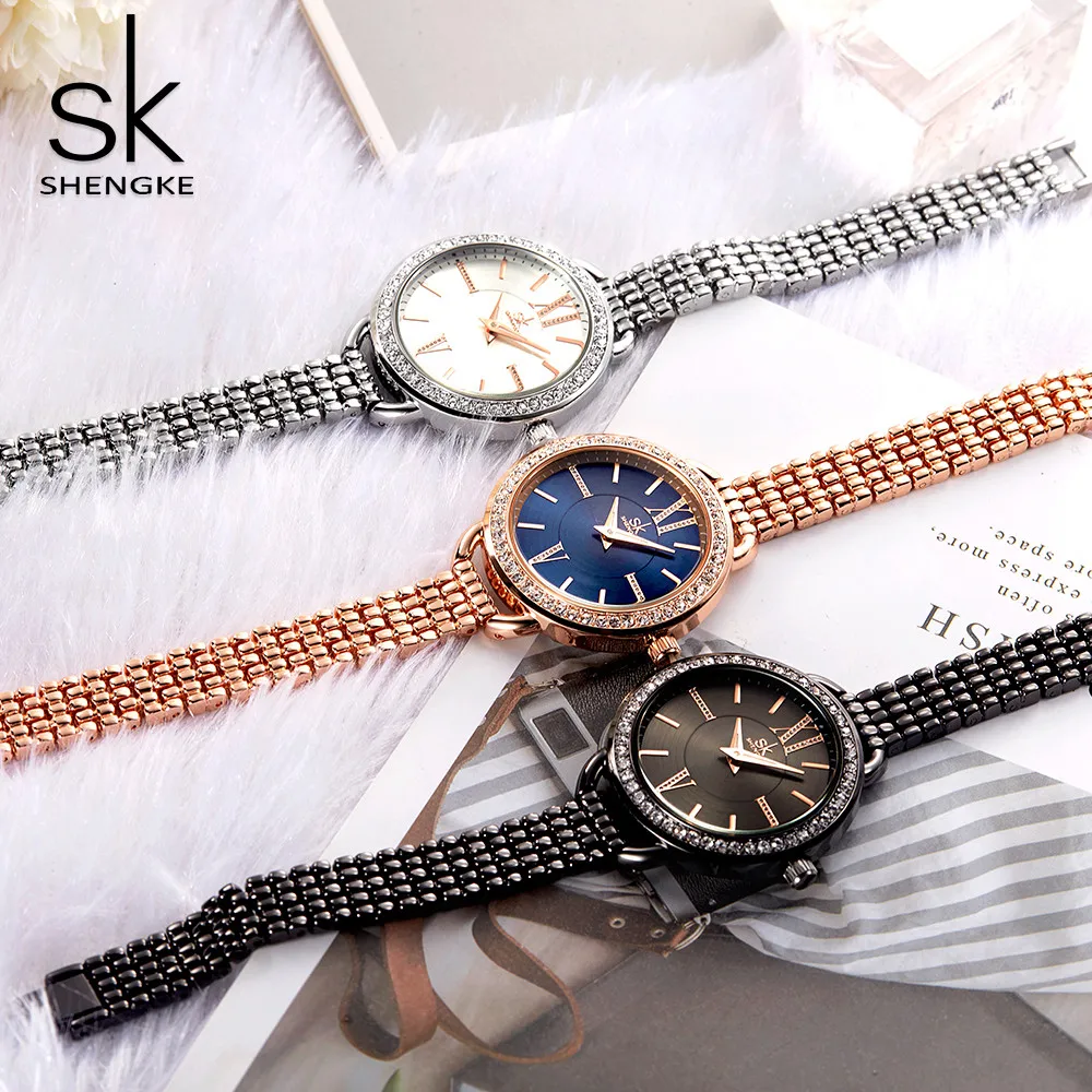 Shengke mados kristalų dial kvarciniai laikrodžių prekės ženklo moterys rose aukso papuošalai laikrodžiai reloj mujer 2018 naujas lady laikrodis laikrodžiai