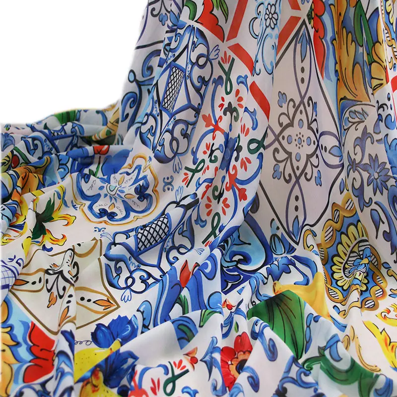 Vasaros plonas 100D šifono audinio sicilijos majolica spausdinti minkštas šifono tissu šifono audinio moterų long beach suknelė 