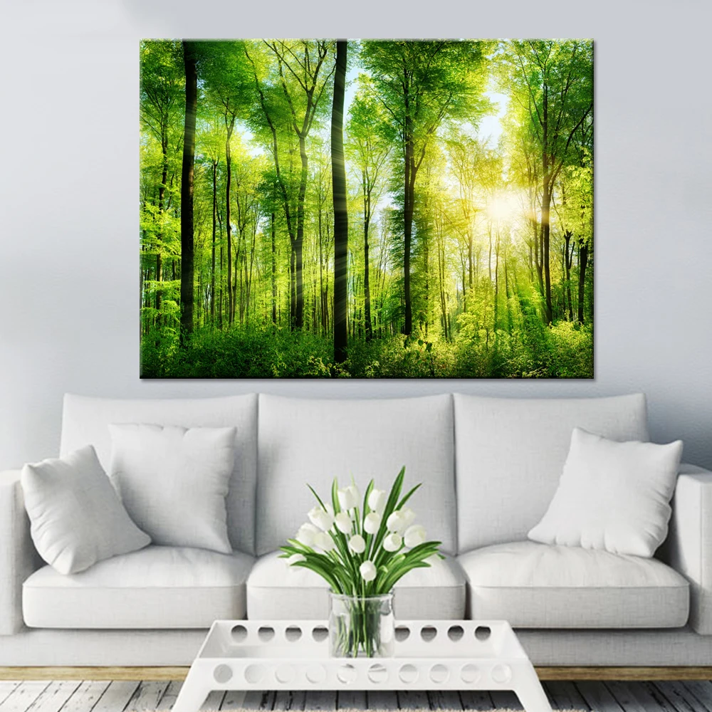 Šiuolaikinių HD Spausdinti Paveikslėliai Kambarį Drobės Saulės Žalia Miško Peizažas Modulinės Medžių Plakatas Sienos Menas Namų Dekoro
