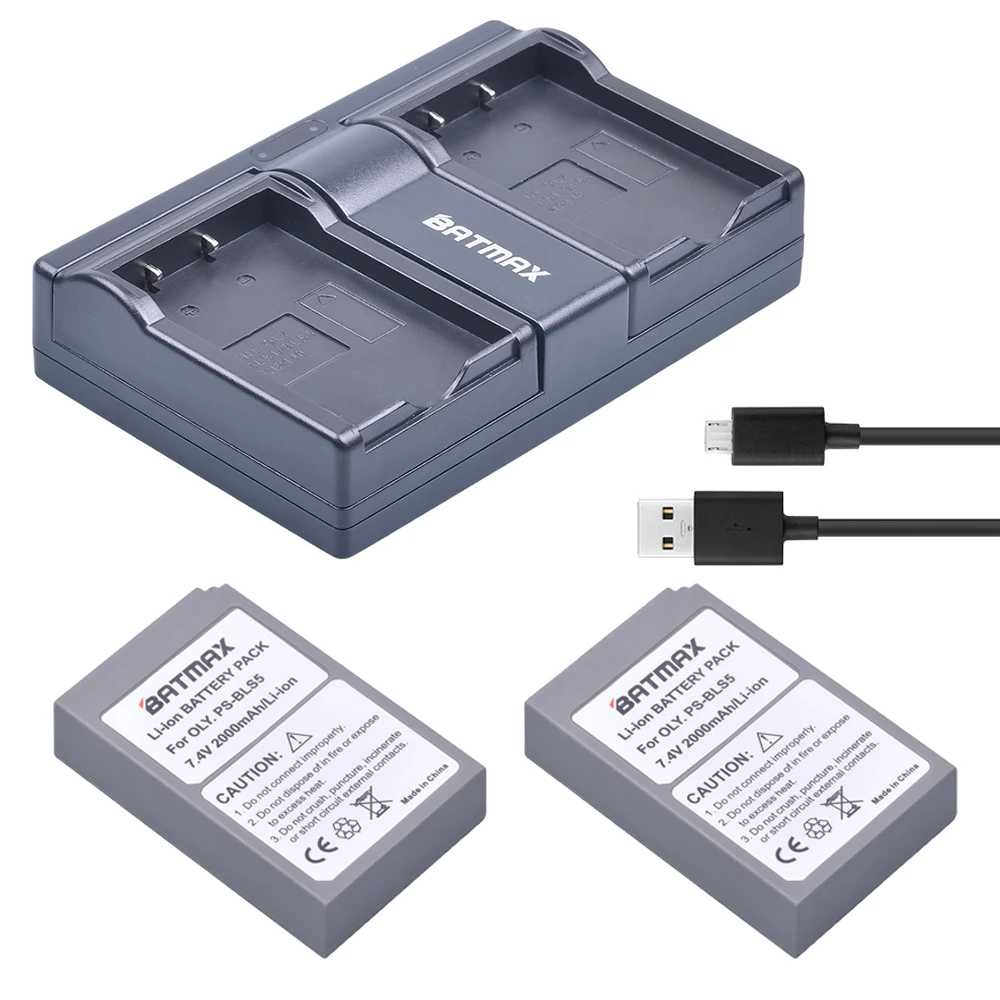 2vnt PS-BLS5 BLS-5 BLS5 BLS 5 BLS-50 Baterijos +USB Dual Įkroviklis Olympus OM-D E-M10, PEN E-PL2, E-PL5, E-PL6, E-PM2, Stylus 1