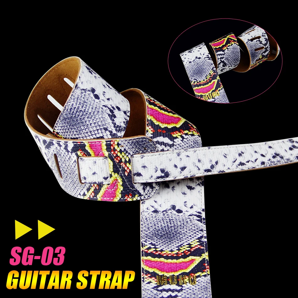 Trys spalvų variantai MUKU Gitara dirželis bosinė gitara dirželis karvės odos dirželiai aukštos kokybės odos serpentine dizaino gitaros priedai