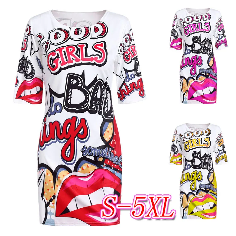 2020 Moterų Juokinga Spausdinti Vasaros Suknelė Animacinių filmų Hip-Hop Lūpų Mini Suknelė Klubo Šalis Suknelė Didelio Dydžio Marškinėliai Suknelė