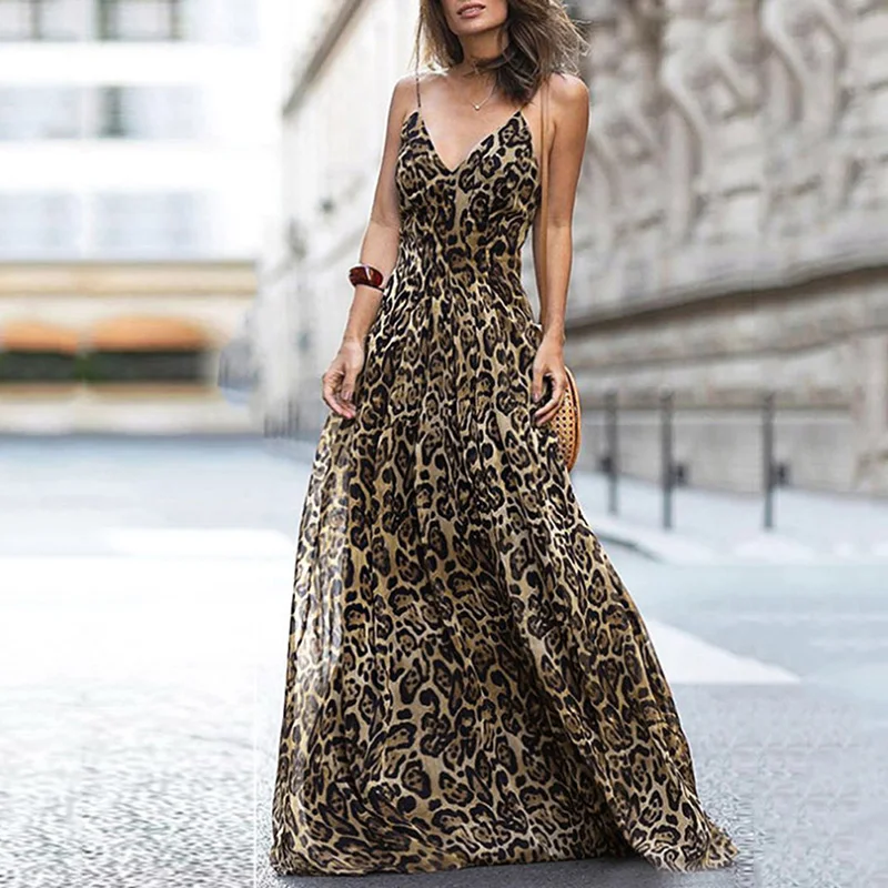 Moterų Leopardas Spausdinti Ilga Suknelė V Kaklo Spageti Petnešėlėmis Vasaros Paplūdimio Suknelės 2020 Rankovių Atsitiktinis Maxi Suknelė Vestidos
