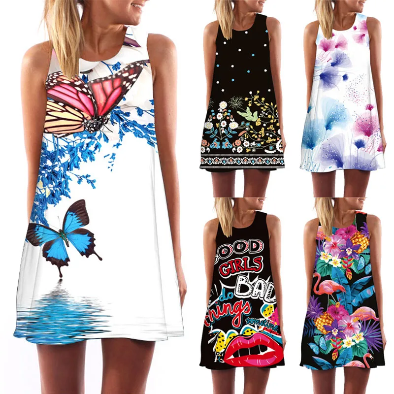 2020 Karšto Pardavimo Moterys Vasarą 3D Spausdinimo Drugelis Paplūdimio Suknelė be Rankovių Bohemijos Trumpos Suknelės Atsitiktinis Palaidų Mini Sundress vestidos