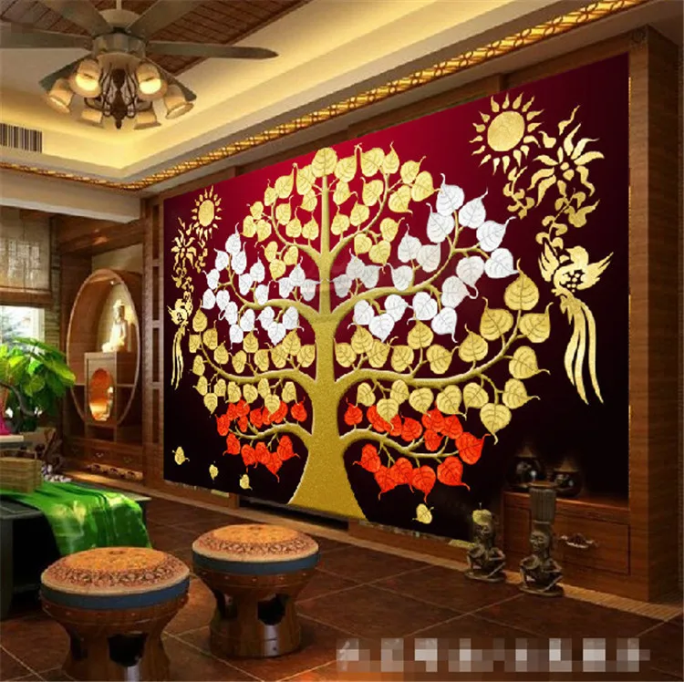 Individualų Pietryčių Azijoje Tajų stiliaus aukso folija, dažymas kambarį įėjimas, veranda, freskomis Bodhi medis laimingas medis, apmušalai