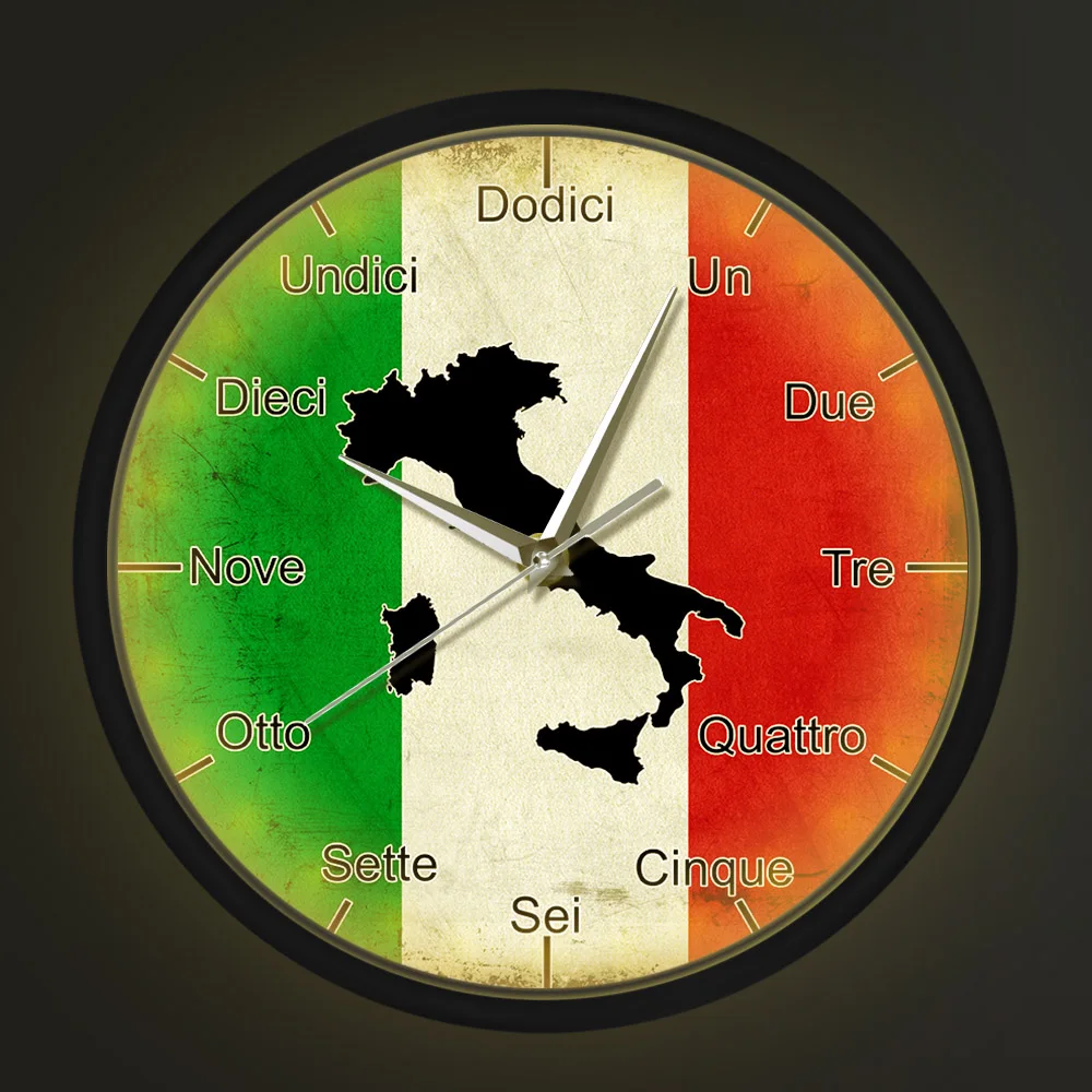 Italų Kalbos Smart Sieninis Laikrodis Italijos Vėliava su Žemėlapio Tėvynės Namų Dekoro Modernus Dizainas, Garso Aktyvuotas Naktį Šviesos Sieninis Laikrodis