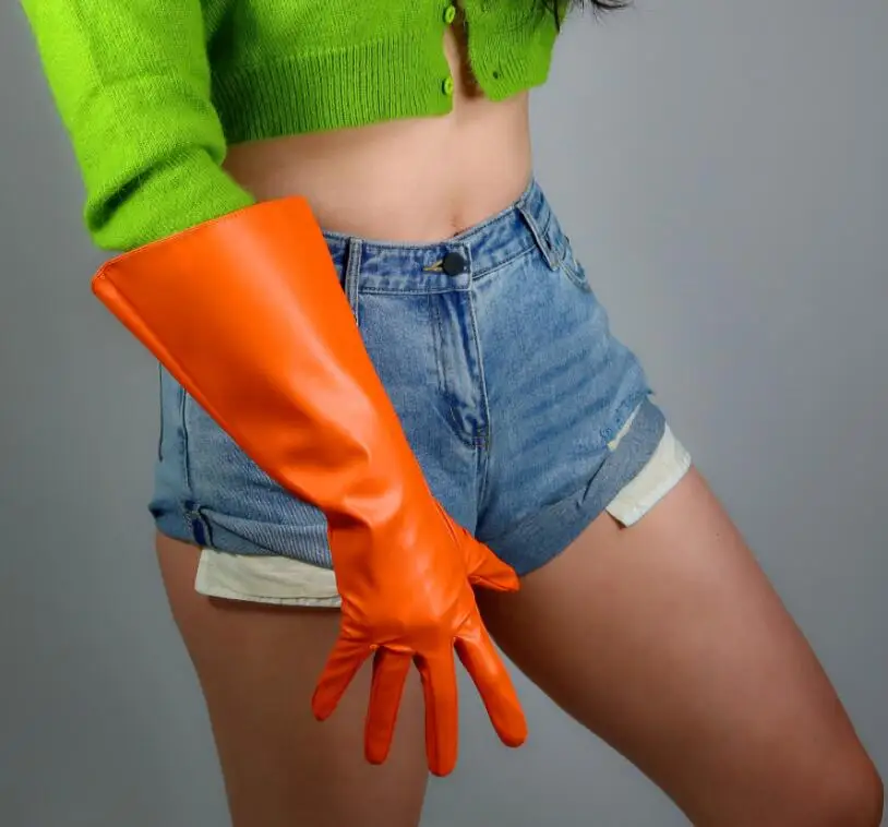Moterų mados plačios rankovės dirbtiniais pu odos pirštinės lady klubo veiklos oficialų šalies odos oranžinės spalvos pirštinės 38cm R2574
