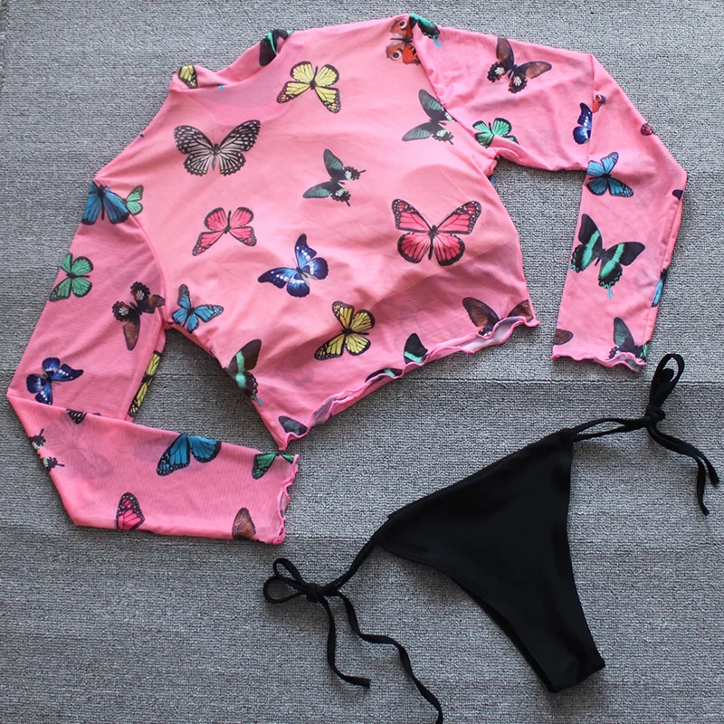Maudymosi kostiumėlį Moterų Drugelis maudymosi Kostiumėliai ilgomis Rankovėmis UV Apsauga Akių Plaukimo Kostiumas Apkarpytos Biquini 2021 New String Bikini Komplektas