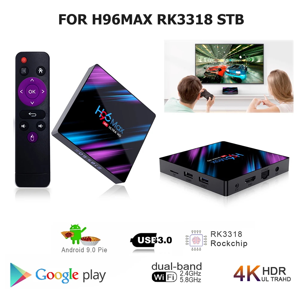 Android 9.0 H96 Max TV Box 4GB RAM/32GB Penkių Branduolių Mali-450 Iki 750Mhz+ RK3318 Keturių Branduolių 64 bitų Cortex-A53 