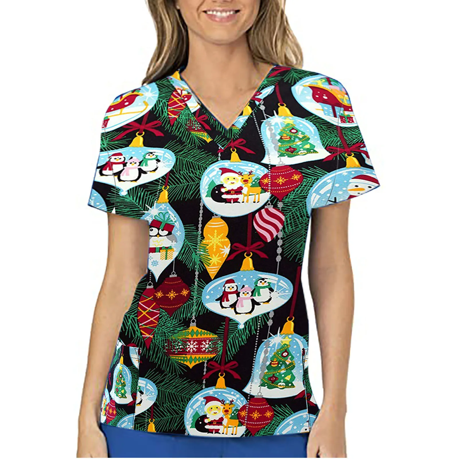 Moterų trumpomis Rankovėmis V-kaklo Viršūnes Darbo Vienodos Kalėdų Top marškinėliai moterims trumpomis rankovėmis camisetas para mujer E1