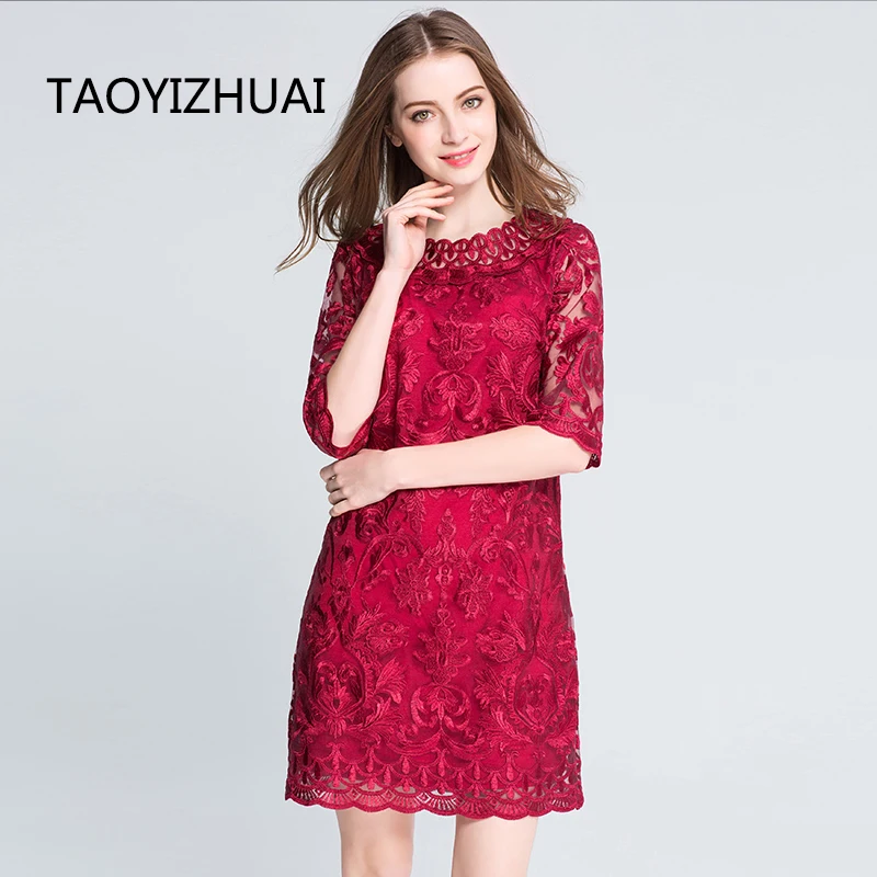 TAOYIZHUAI 2019 Naują Atvykimo Rudenį Kinų Stiliaus Gamtos Plius Dydis 110KG O-Kaklo Raudona Suknelė Gėlių Moterų Apvalkalą Nėrinių Suknelė 16046