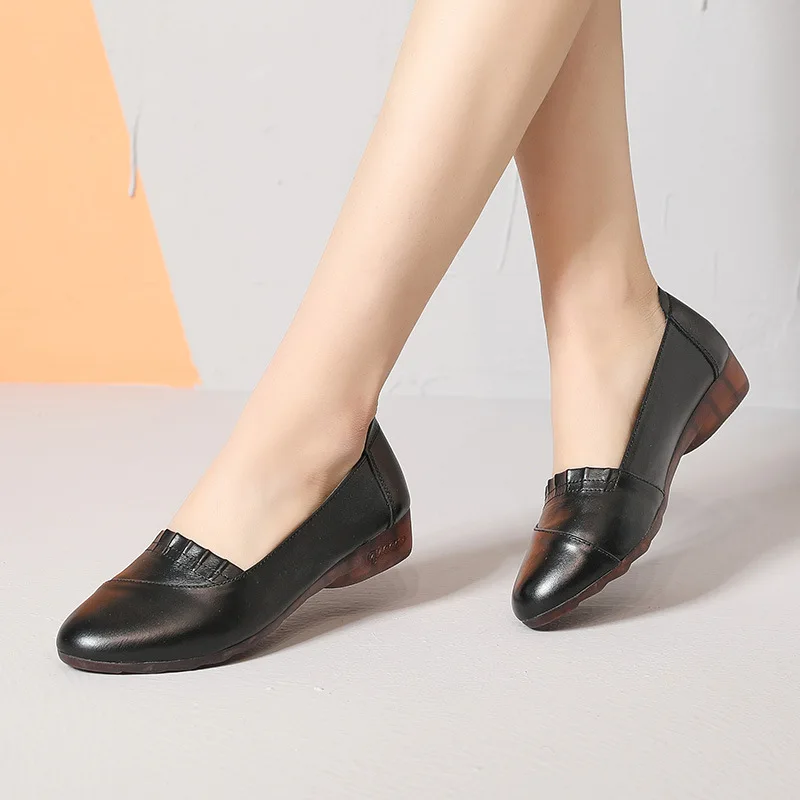 Natūralios odos seklių burną batai moteriški nauji laukinių atsitiktinis didelio dydžio batų, butas kulnas minkšto dugno batai patogus odinis šo